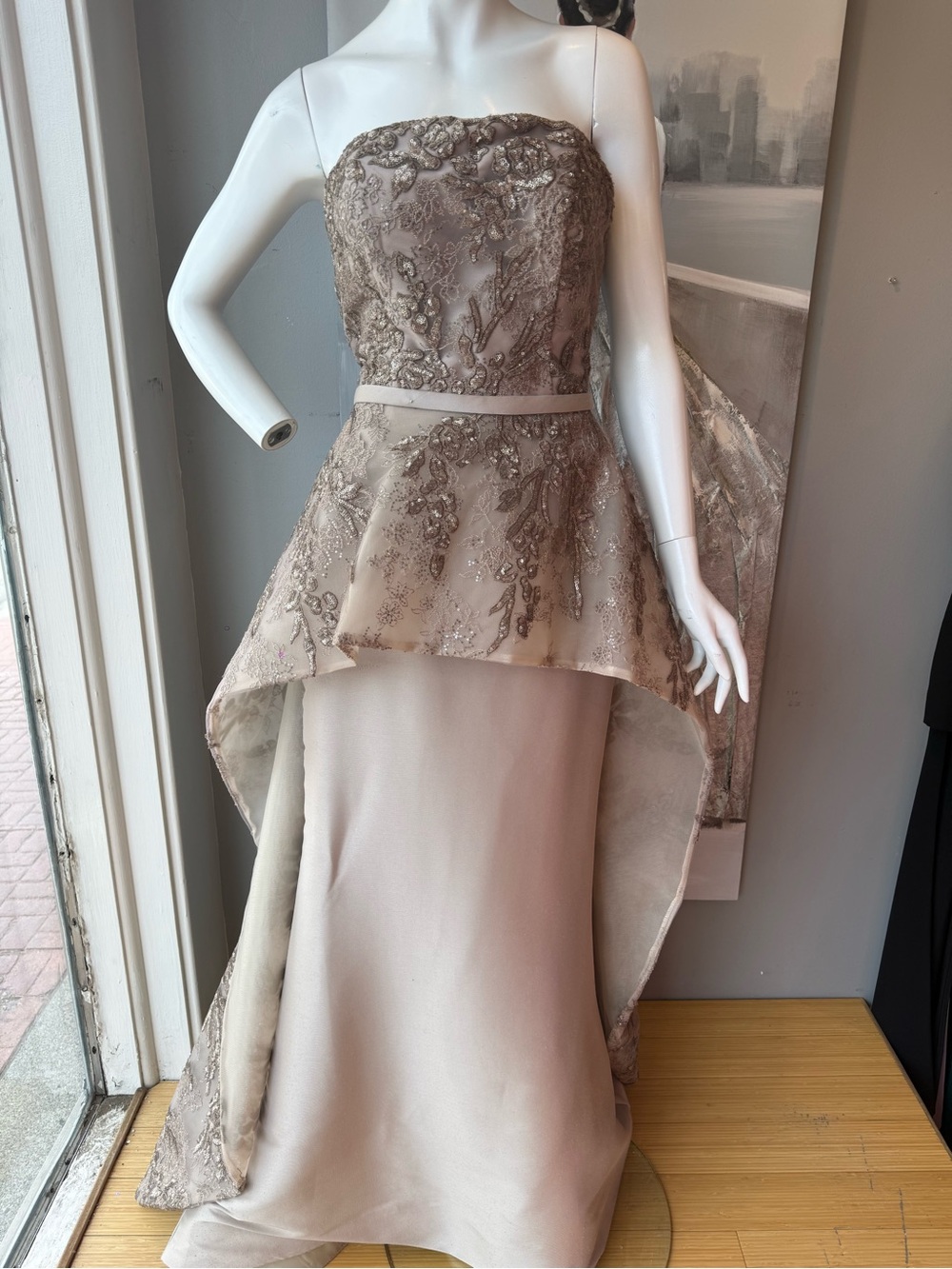 Terani Couture Strapless Taupe Beaded Mocha Gown